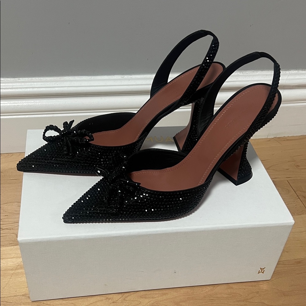 Amina Muaddi Black Sequin Slingback Heels